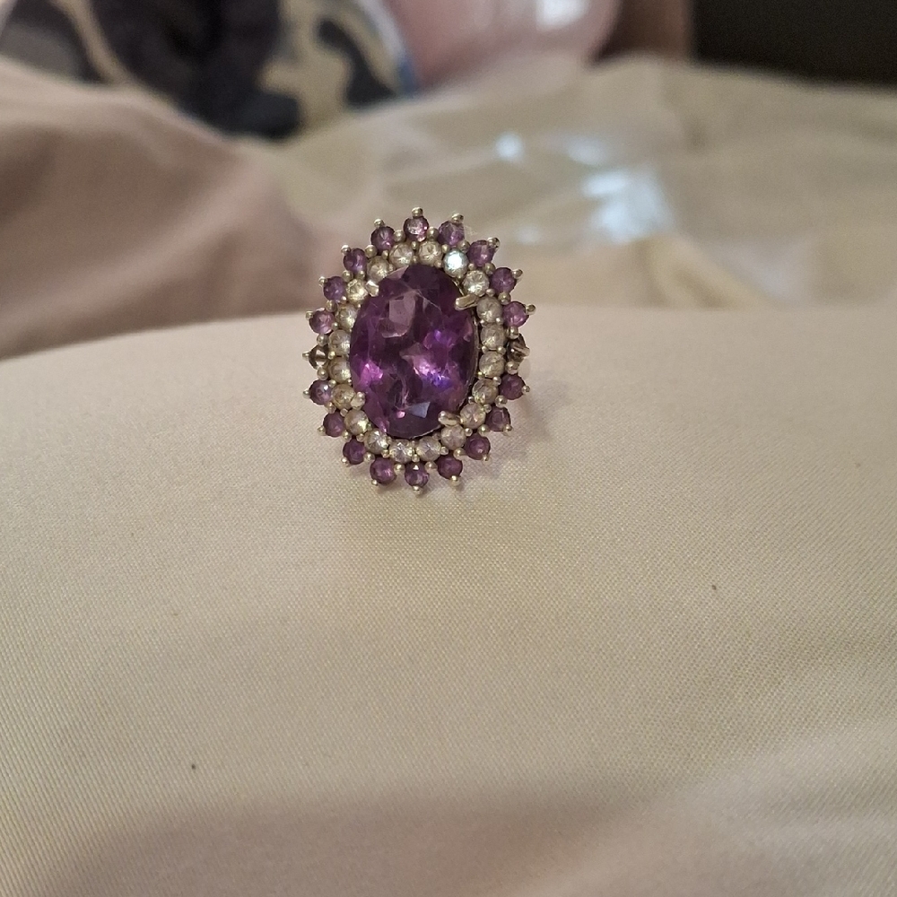 Amethyst and White Topaz Halo Ring Set In Solid Sterling Silver .925 Mk Sz 6.5 - Picture 2 of 10